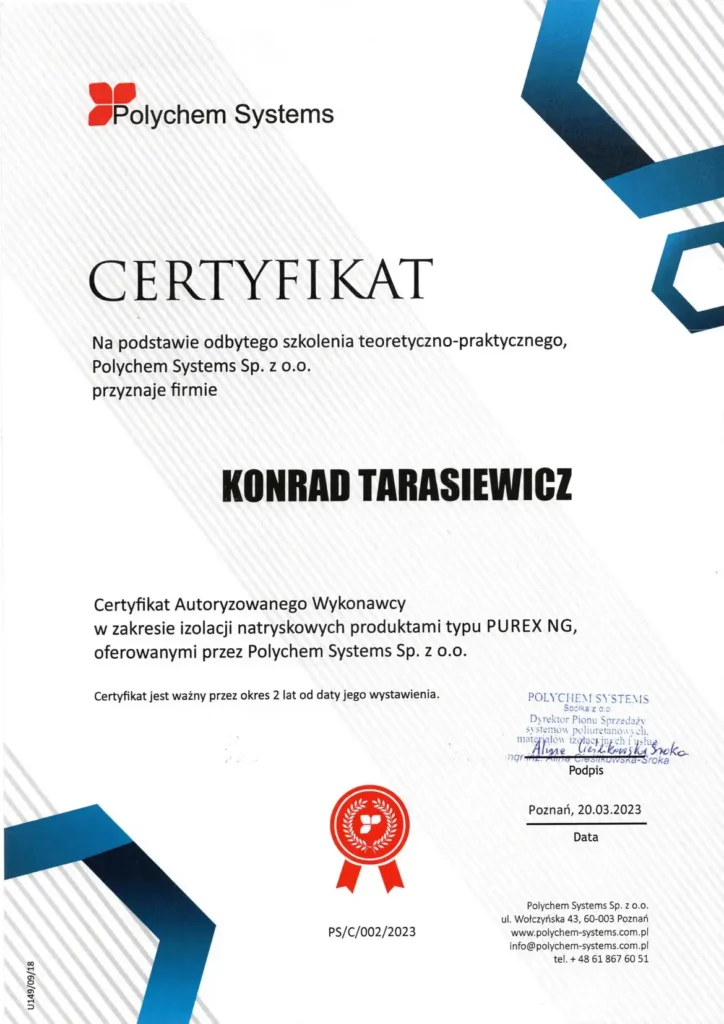 Certyfikat autoryzacja Polychem