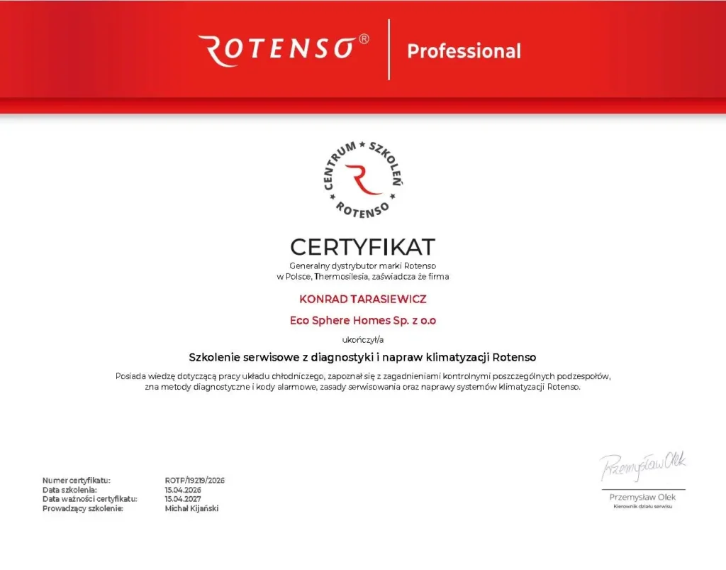 Certyfikat autoryzacja serwis i diagnostyka Rotenso