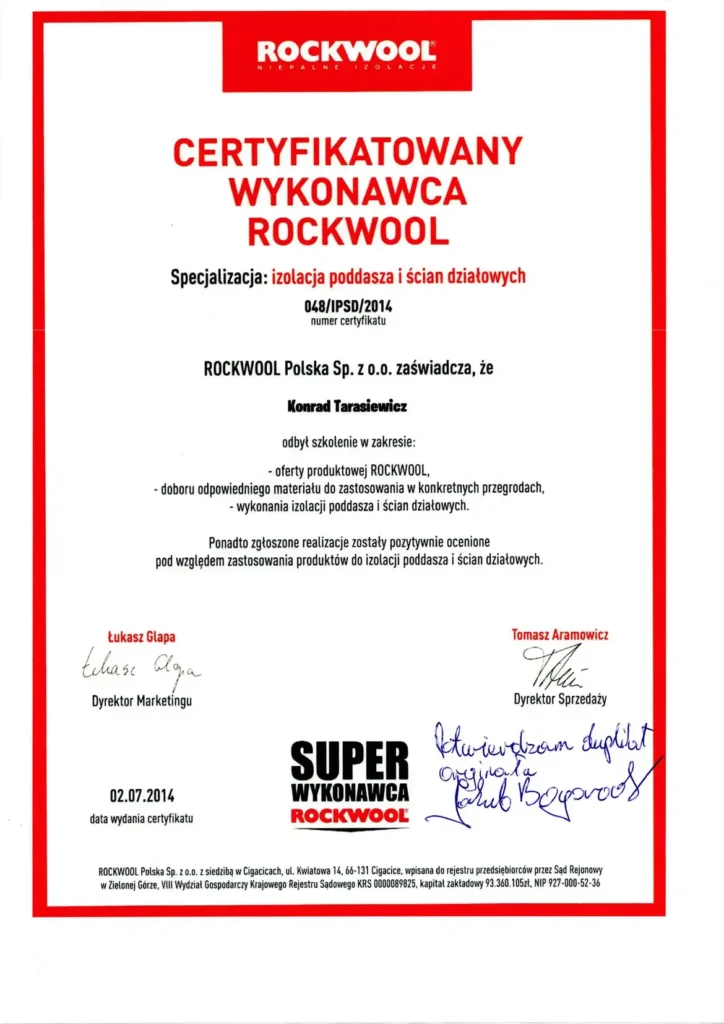 Certyfikat szkolenia Rockwool