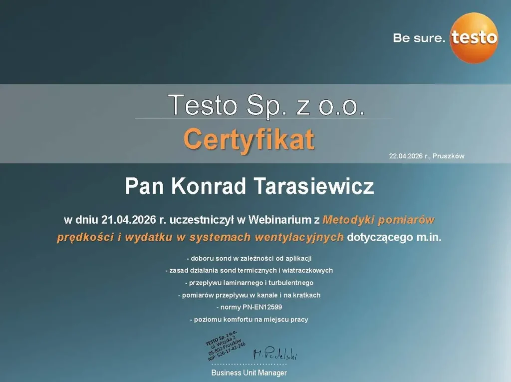 Certyfikat szkolenie Testo z systemow wentylacji