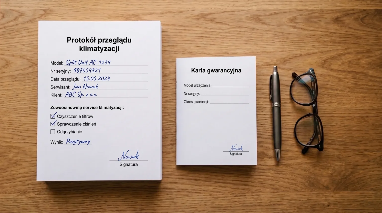 Karta gwarancyjna urządzenia i komplet protokołów przeglądów rocznych na biurku
