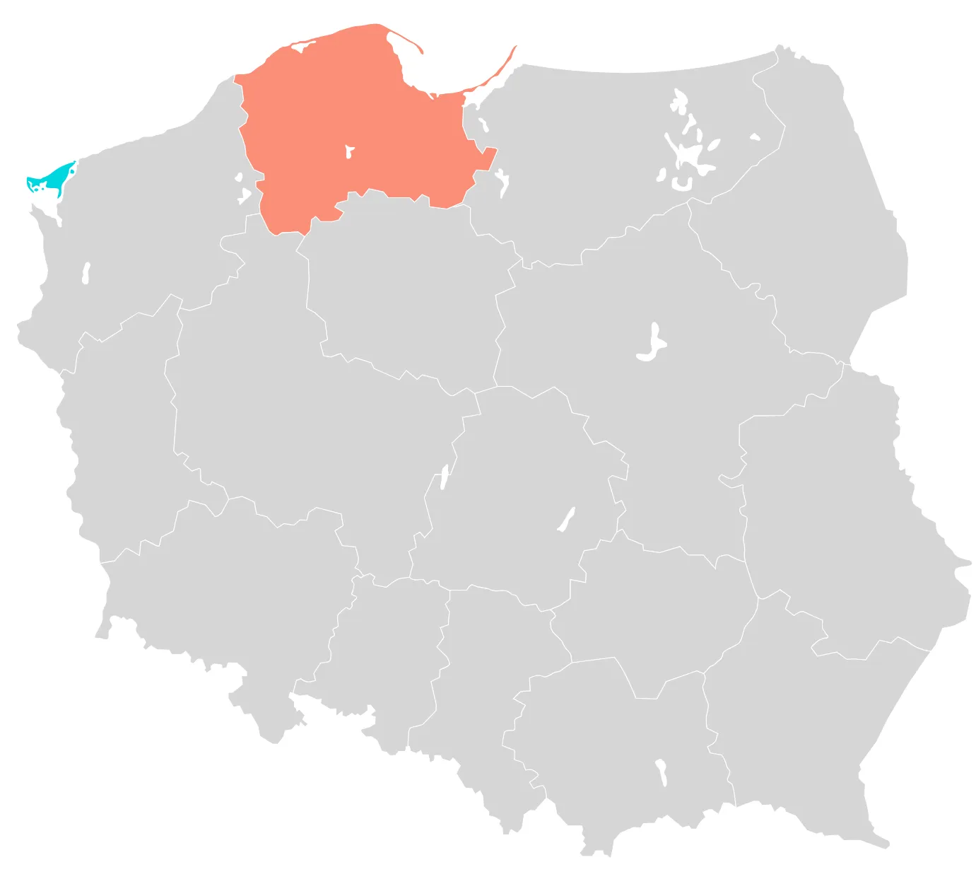 Mapa Polski z zaznaczonym województwem pomorskim — obszar montażu pomp ciepła powietrze-powietrze Hot Space